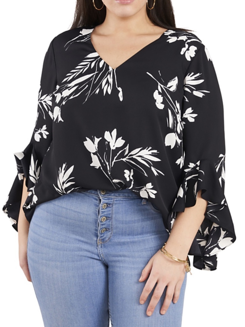 Vince Camuto Black White Floral Ruffle Sleeve Blouse (2X)